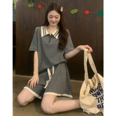 批发实拍 大码女装短袖套装百搭休闲POLO领套头夏季2件套