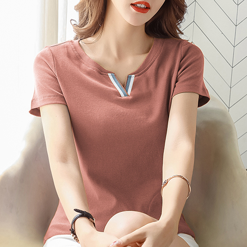 PF30250#新款衣服女纯色v领宽松时尚短袖t恤女纯棉百搭体恤小衫女裝貨源服裝批發