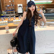 实拍~大码女装韩版收腰显瘦中长款牛仔吊带连衣裙胖MM藏肉显瘦裙