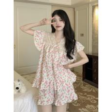 批发实拍韩版甜美宽松荷叶边樱桃印花短袖短裤清新睡衣套装家居服女