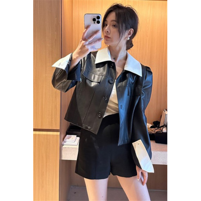 2023春季新款时尚重工Polo领设计感PU皮衣女韩版开衫百搭显瘦上衣
