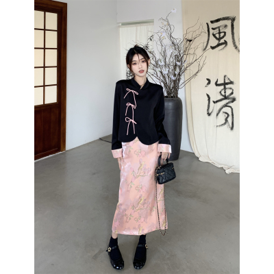实拍实价~ 新中式立领短款系带盘扣长袖衬衫+高腰百搭提花半身裙