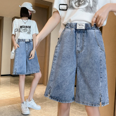 批发实拍  牛仔裤五分短裤宽松紧高腰直筒阔腿显瘦<b class='q'>加大</b>码女装230斤