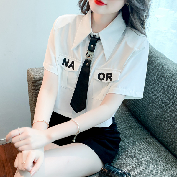RM10957#字母口袋+领带短袖衬衣女甜美女装修身设计感衬衣