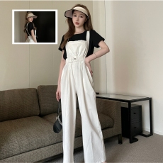 网红背带裤女夏季宽松2023年韩版工装收腰阔腿白色连体裤盐系套装