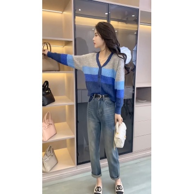 春款个性口袋水洗复合直筒裤时尚百搭+层次感V领条纹复古针织开衫