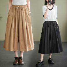 批发实拍夏季文艺中腰特宽休闲阔腿裤纯色七分裤<b class='q'>大码</b>女装裤子裤裙