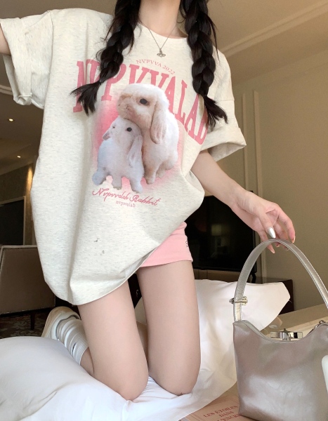 RM8514#夏季新款美式复古可爱兔子印花短袖T恤宽松圆领上衣