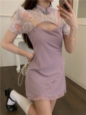 实拍新中式改良旗袍2023新款淑女X型夏季性感盘扣网纱拼接连衣裙