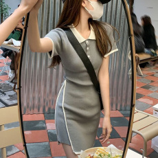 批发曾小咸女装polo翻领针织<b class='q'>连衣裙</b>女修身显瘦学院风辣妹裙短袖包臀裙