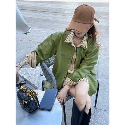 2023早春季今年流行宽松小个子高级感绿色皮衣夹克外套衬衫套装女