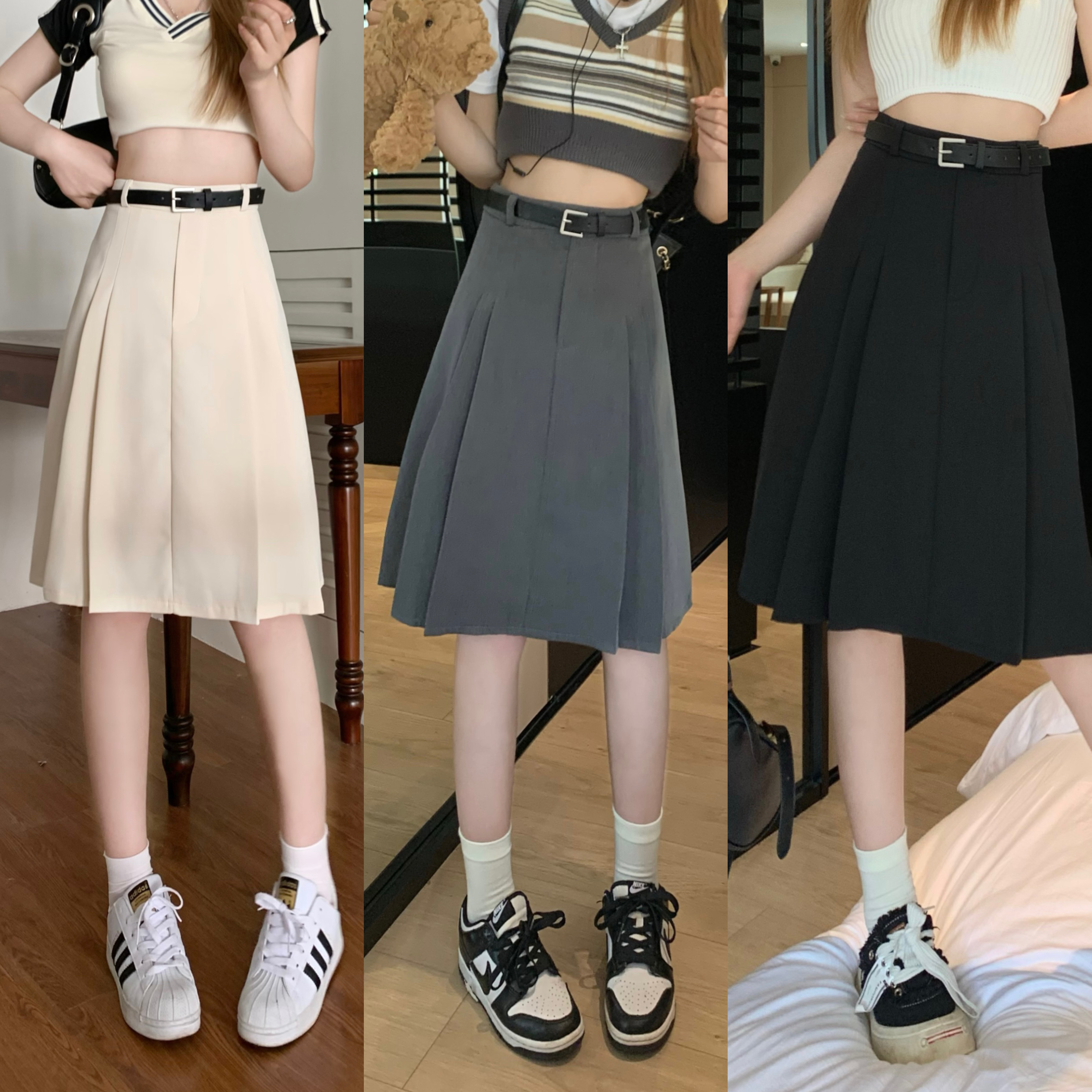 Actual shot and real price Spring new gray petite pleated skirt high-waisted, slim and versatile A-line mid-length skirt for women