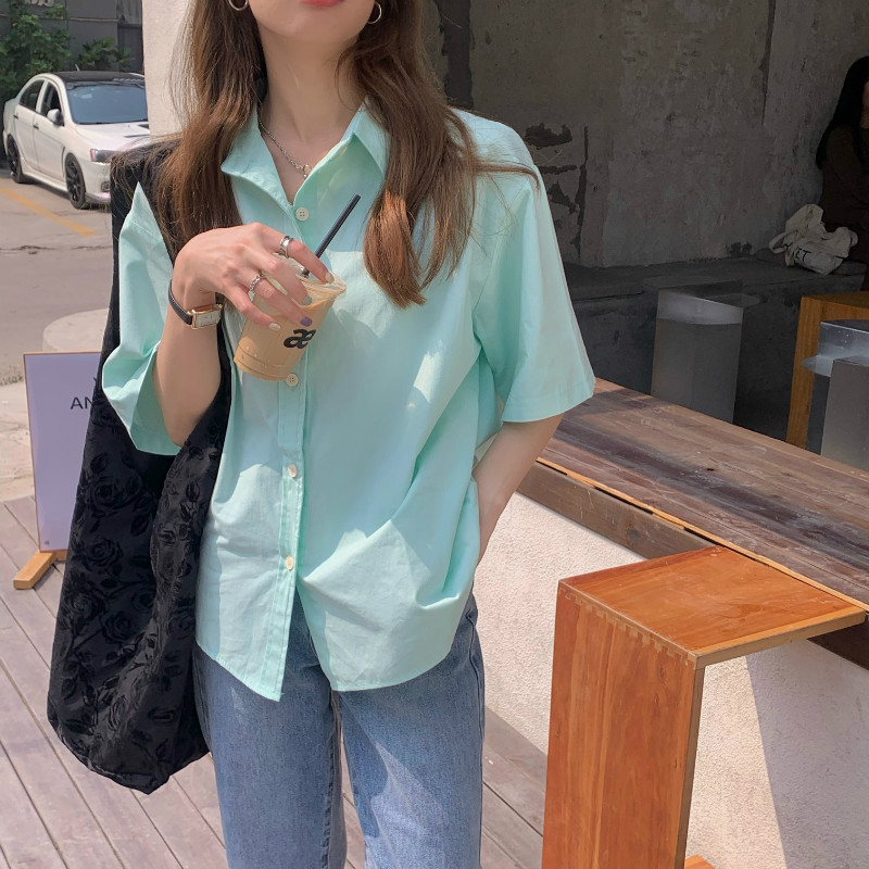 Actual price and real shot of plus size women's summer new Korean design niche candy color loose and versatile short-sleeved shirt