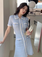 法式小香风温柔名媛蓝色针织裙连衣裙子衬衫裙女早春装新款