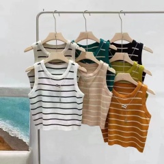 Hot Girl Ice Silk Knitted Short Striped Vest Women's Summer Inner Chain Design Niche Sleeveless Top