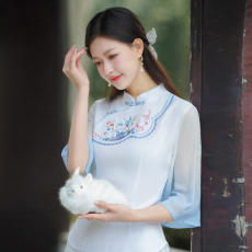 批发实拍中国风刺绣立领七分袖上衣雪纺大摆裙民族风淑女闺蜜套装百搭