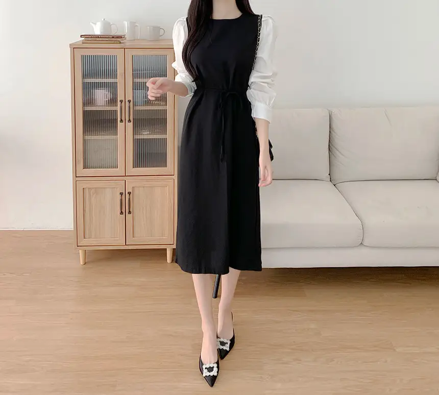 프렌치 스타일 배색 원피스 상세 이미지 12