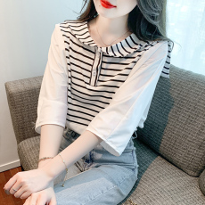 批发已出货 2026年夏减龄海军领条纹夏<b class='q'>衬衫</b>拼接减龄短袖<b class='q'>假两件</b><b class='q'>衬衣</b>潮