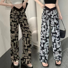批发春夏季格纹印花<b class='q'>孕妇</b><b class='q'>冰</b>丝薄款阔腿裤大码<b class='q'>休闲</b>裤外穿垂感低腰直筒裤