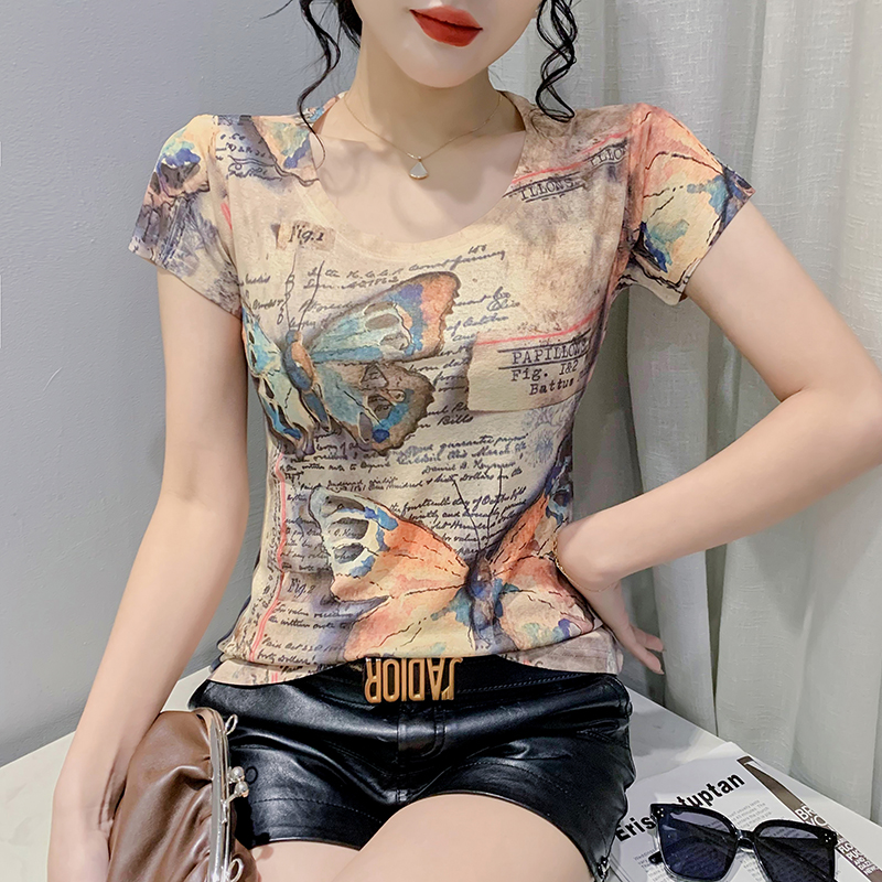 RY192# 2026夏装新款时尚定位印花短袖T恤打底衫修身上衣女