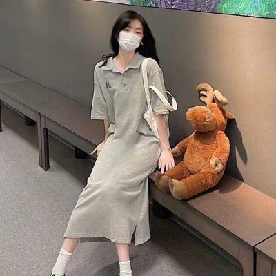 polo领宽松直筒连衣裙女夏季韩国休闲运动长裙灰色短袖过膝T恤裙