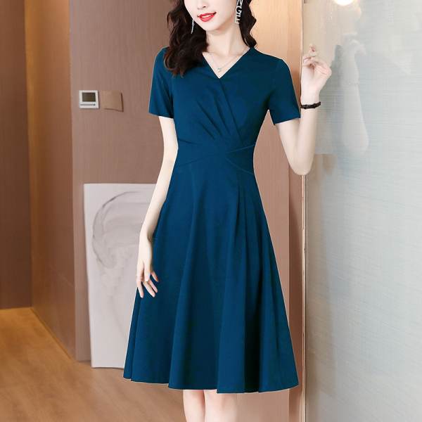 RY1511#连衣裙新款中长款夏季纯色高品质裙子赫本风短袖