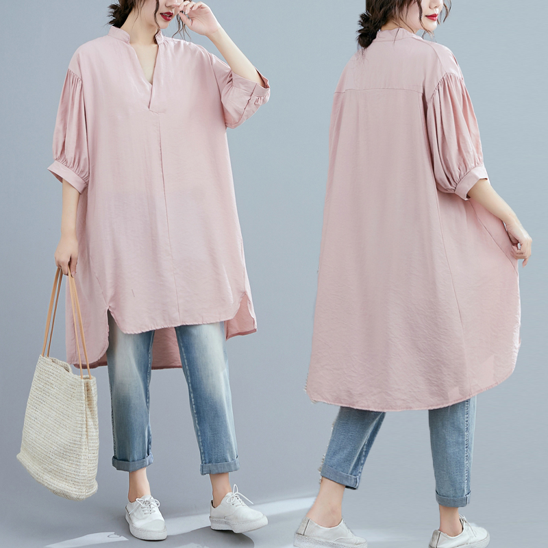 MY5090# 文艺过膝过膝长裙胖mm宽松纯棉短袖衬衫女裝貨源服裝批發