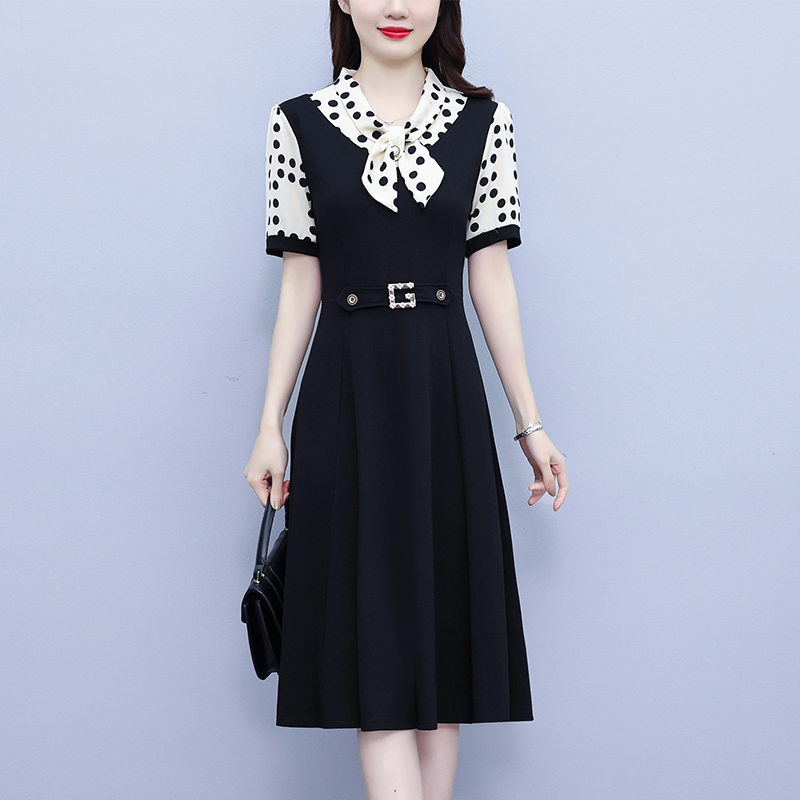 RY2220# 大码连衣裙V领短袖2026夏季新款波点印花拼接气质显瘦遮肉...