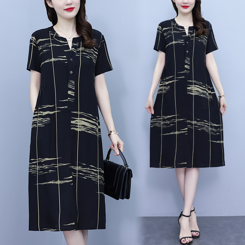 BY9136#大码女装夏装新款时尚棉麻印花宽松显瘦遮肚子中长款连衣裙