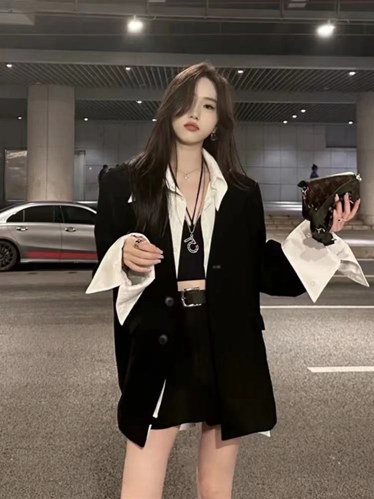 캐주얼 패션 정장 세트 여성 조기 봄 고급 센스 패치워크 정장 맨위 하이웨이스트 반신 치마바지 투피스 세트
