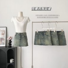 OKMA 小个子牛仔半身裙女2023新款春高腰显瘦直筒辣妹包臀裙短裙