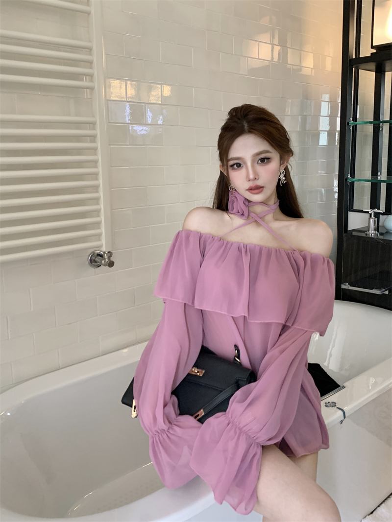 Actual shot and real price ~ One-shoulder strappy floral chiffon long-sleeved top