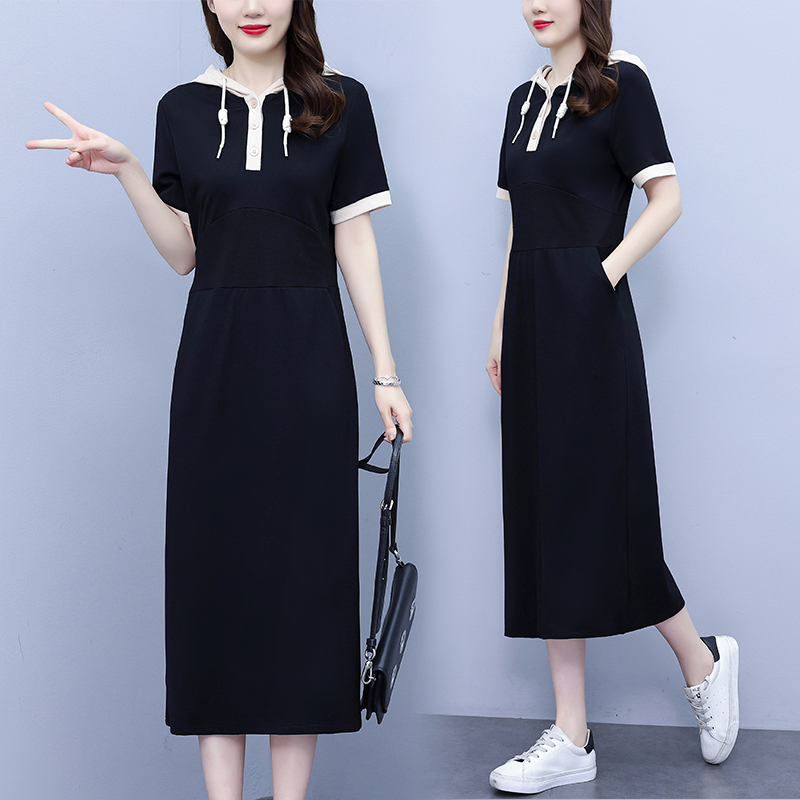 MY3580# 休闲连帽撞色拼接连衣裙女夏季新款短袖宽松显瘦中长款裙子女裝貨源服裝批發