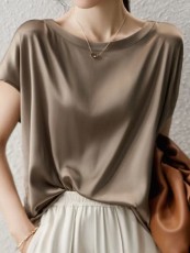 真丝醋酸t恤女夏季连肩落肩上衣短袖气质宽松高级感简约2023新款
