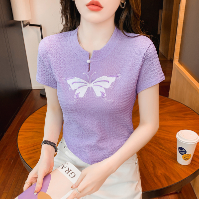 美式正肩复古蝴蝶刺绣短袖t恤女2023夏季设计感小众宽松体恤上衣