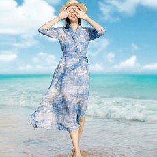 海边度假苎麻连衣裙夏天薄款收腰显瘦文艺复古小个子减龄气质长裙
