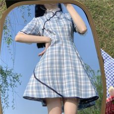 2023爆款连衣裙女改良版旗袍复古温柔风小众设计感格子短裙夏新款