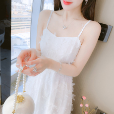 实拍现货 2023夏季新款法式浪漫气质名媛小仙女羽毛吊带连衣裙