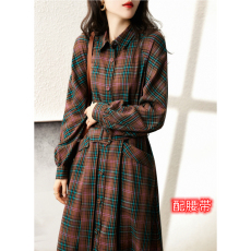 批发<b class='q'>外贸</b>原单意大利剪标出口秋季新款系带收腰身衬衣外套格纹<b class='q'>连衣裙</b>女