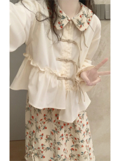 套装女2023春季新款新中式泡泡袖盘扣不规则衬衫碎花半身裙两件套