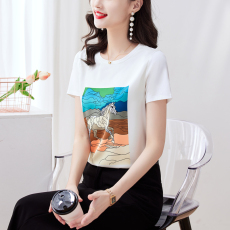 批发重磅仿<b class='q'>缎面</b>真丝2026新款数码印花宽松圆领韩版时尚T恤上衣