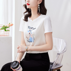 批发重磅<b class='q'>缎面</b>仿真丝2026新款数码印花宽松圆领韩版时尚T恤上衣