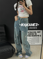 KAKAMEE 2023春季新款可爱兔子刺绣高腰显瘦阔腿裤牛仔裤女直筒裤
