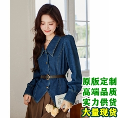 蓝语大码女装气质复古翻领衬衫外套春新款微胖mm显瘦短款牛仔上衣