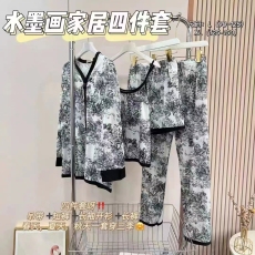 国潮风水墨画冰丝居家服四件套女夏薄款大码睡衣休闲复古印花套装