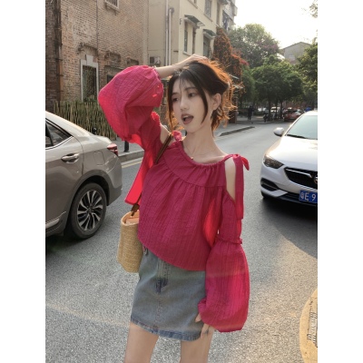 实拍实价~ 青梅果酱短款长袖衬衫女小众设计系带露肩泡泡袖上衣