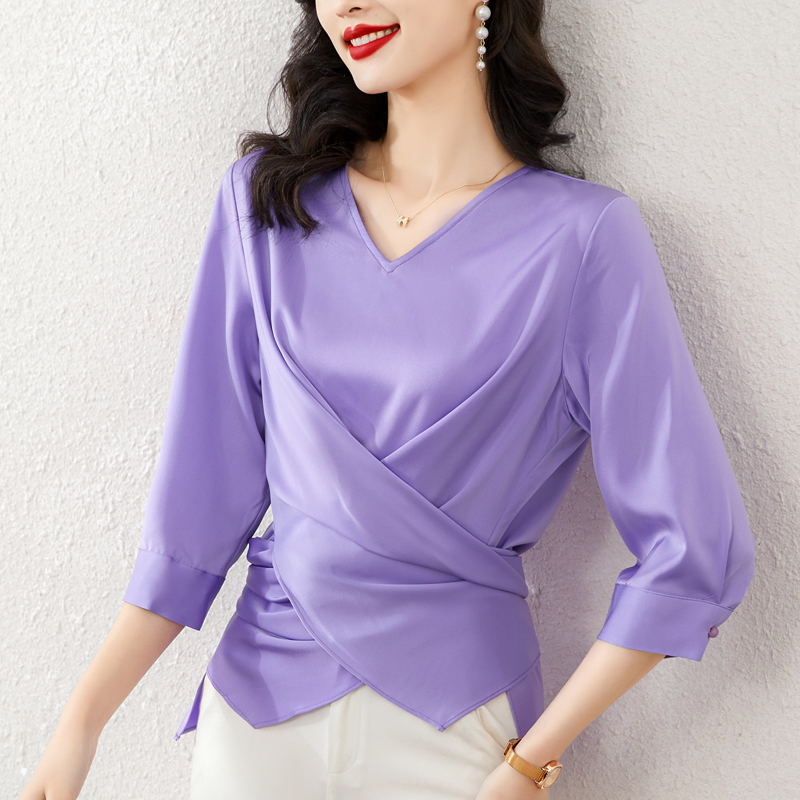 MY3931# 欧洲站夏设计感收腰V领雪纺衫上衣女短款七分袖别致衬衫洋气小衫女裝貨源服裝批發