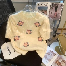 实拍甜美泡泡袖拼接冰丝针织衫女夏季新款减龄小衫别致小花上衣潮