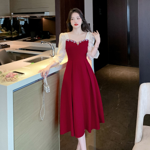 RM4694#新款新娘酒红色春夏季平时可穿纱袖订婚连衣裙出阁宴礼服