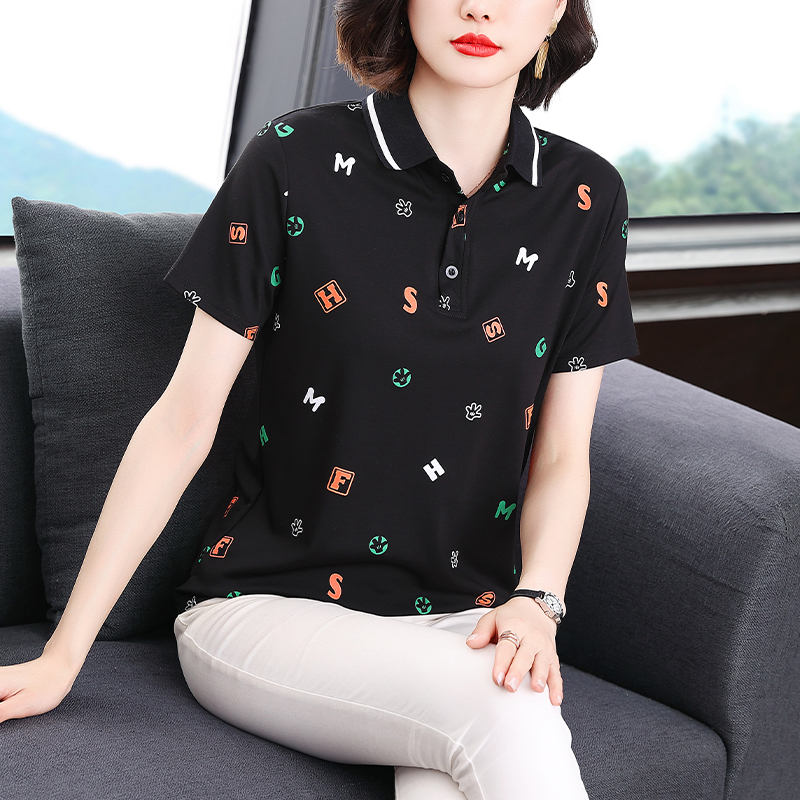 순면 있음 칼라 프린트 맨위 POLO 셔츠 2026 년 여름 새로운 면 100% 반팔 티셔츠 여성 중년 엄마 T